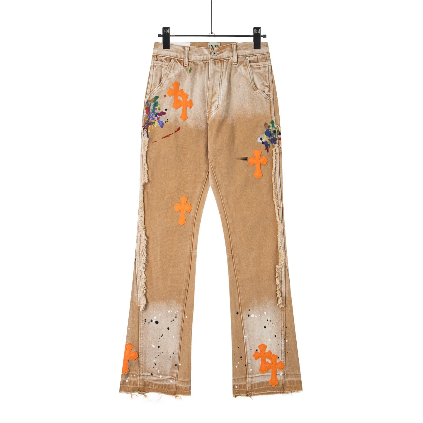#8200 P260💰 Independent GALLERY DEPT. Vintage splash-ink splicing khaki orange cross loose washed flared jeans - truly restore the ultimate vintage texture - original hardware accessories washed and other elevators, QR code analysis are all purchased from the original factory, high degree of restoration, you are welcome to compare with certain products ~ - three-dimensional version Loose and comfortable, not picky about the figure, tall and slim, factory Seiko, original quality control, same style for men and women, can be matched with couples, versatile recommendation Essential jeans for all seasons - sizes: 28 30 32 34 36